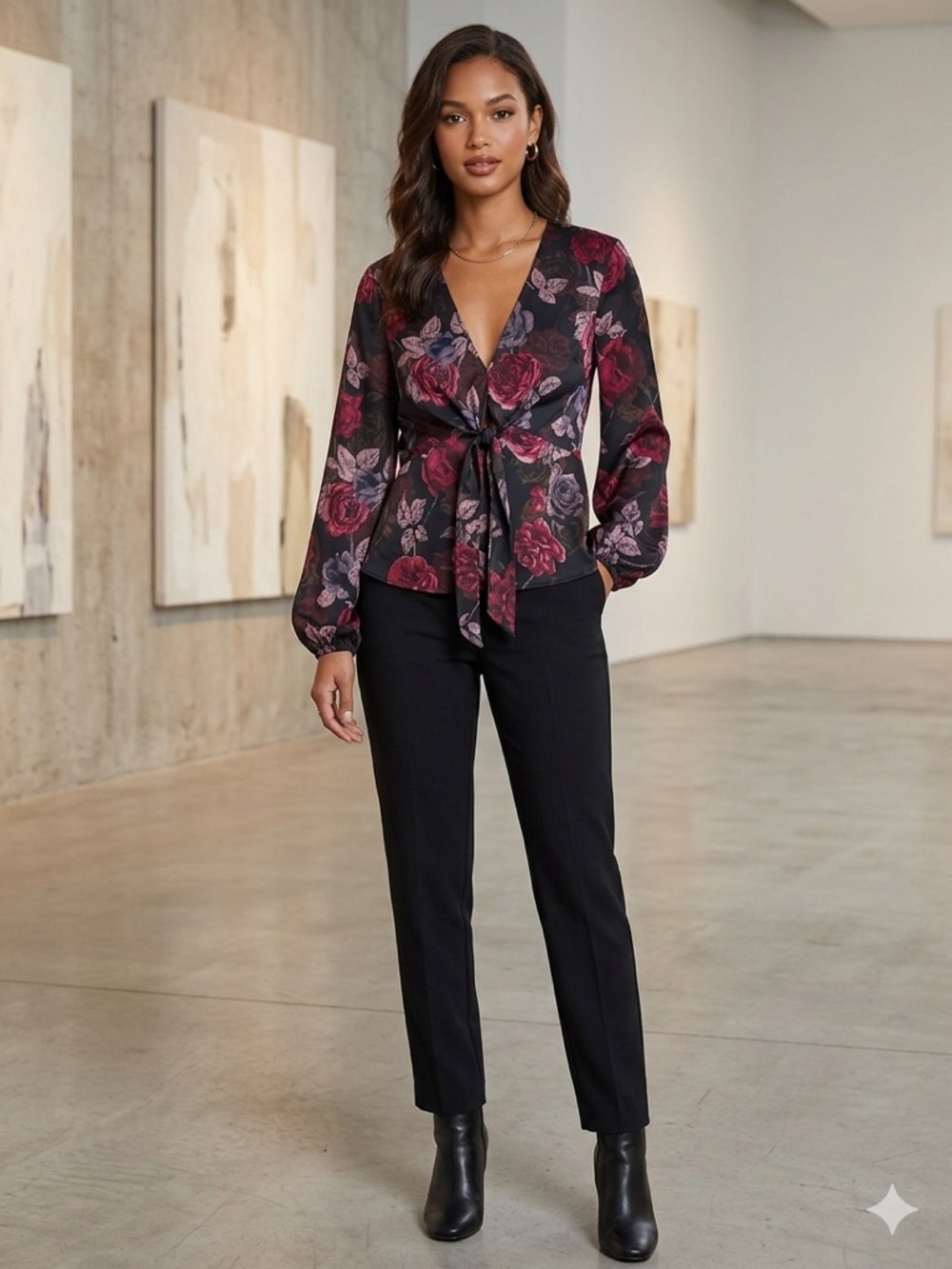 Floral Tie-Front Blouse and Black With Roses